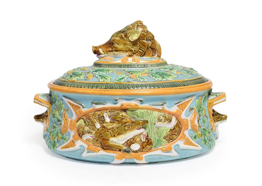 A George Jones Majolica Game Pie Tureen, Cover and Liner, circa 1875, of oval form with boar's