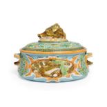 A George Jones Majolica Game Pie Tureen, Cover and Liner, circa 1875, of oval form with boar's