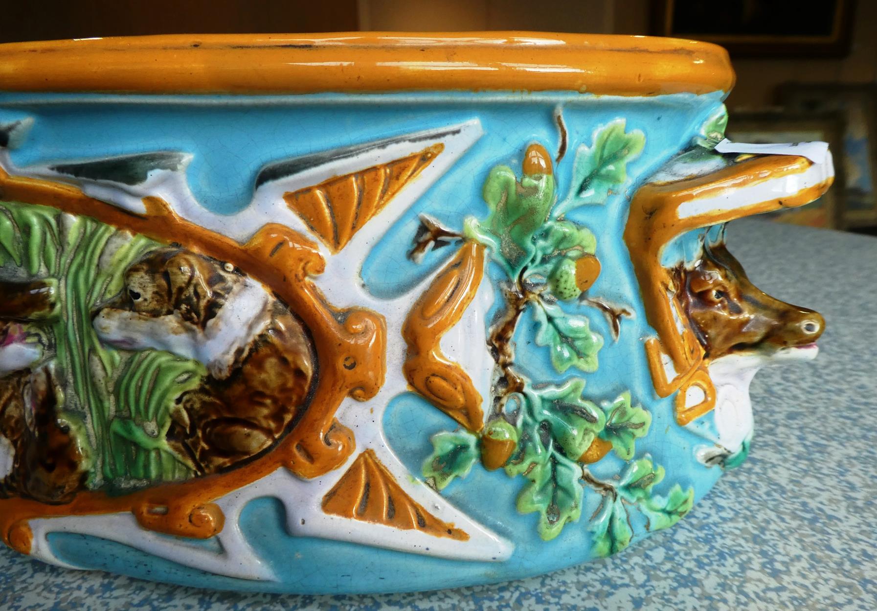 A George Jones Majolica Game Pie Tureen, Cover and Liner, circa 1875, of oval form with boar's - Image 15 of 28