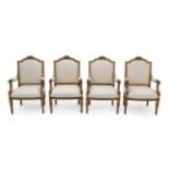 A Set of Four Louis XVI Style Carved Giltwood Armchairs, recovered in cream calico, the moulded