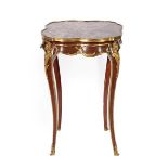 A Louis XV/Transitional Style Mahogany and Gilt Metal Mounted Gueridon, the purple veined marble top