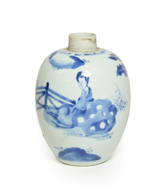 A Chinese Porcelain Jar, Kangxi, of ovoid form, painted in underglaze blue with maidens in a