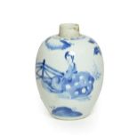 A Chinese Porcelain Jar, Kangxi, of ovoid form, painted in underglaze blue with maidens in a