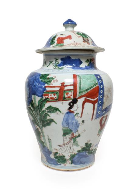 A Chinese Wucai Porcelain Jar and Cover, Transitional, mid 17th century, of baluster form, painted