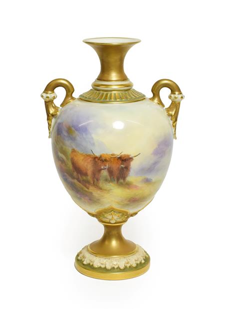 A Royal Worcester Porcelain Twin-Handled Vase, by HarryStinton, 1912, of ovoid form with trumpet