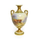 A Royal Worcester Porcelain Twin-Handled Vase, by HarryStinton, 1912, of ovoid form with trumpet