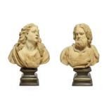 A Pair of French Carved Wood Busts, 18th century, modelled as a youth with flowing hair and robes