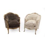 A Pair of Louis XV Style Cream and Giltwood Bergères, one upholstered in grey foliate fabric, with