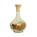 A Royal Worcester Porcelain Bottle Vase, by Harry Stinton, circa 1910, with scroll moulded flared