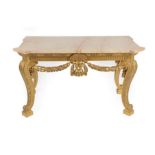 A Carved Giltwood Console Table, in the style of William Kent, the pink and yellow veined marble top