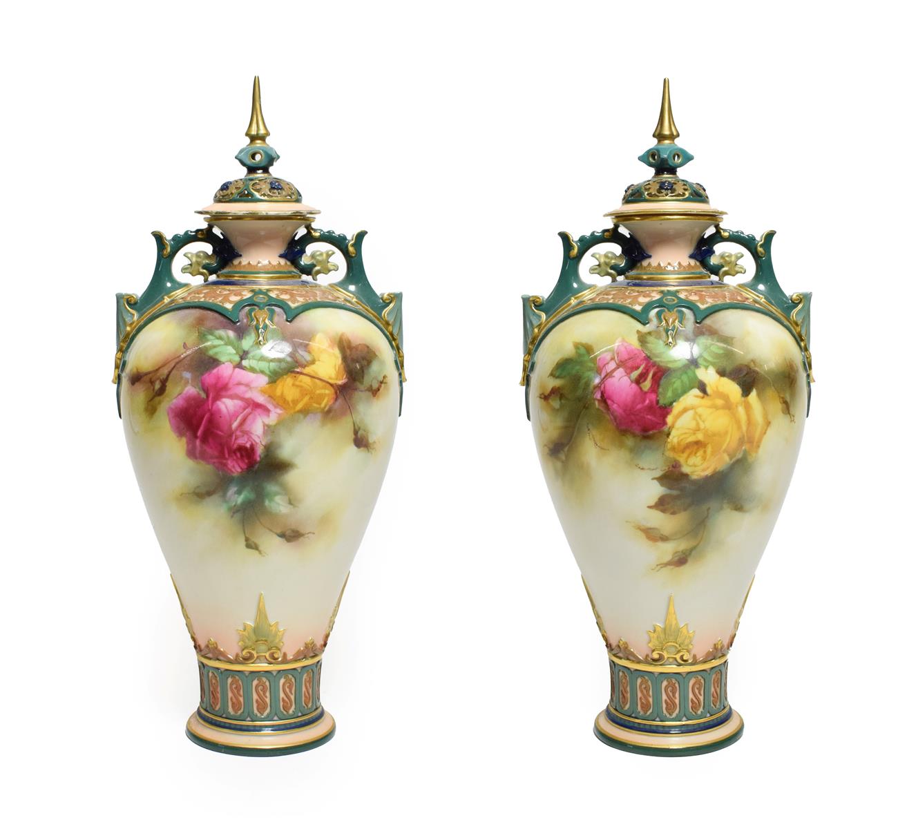 A Pair of Royal Worcester Hadleigh Ware Vases and Covers, by William Jarman, circa 1905, of baluster - Image 2 of 38