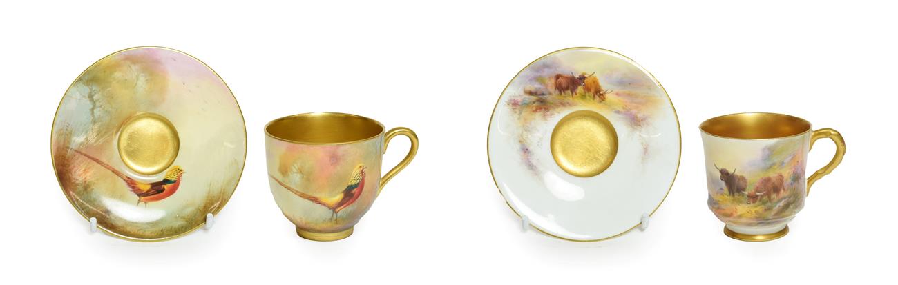 A Royal Worcester Porcelain Miniature Coffee Cup and Saucer, by Harry Stinton, 1912/13, painted with