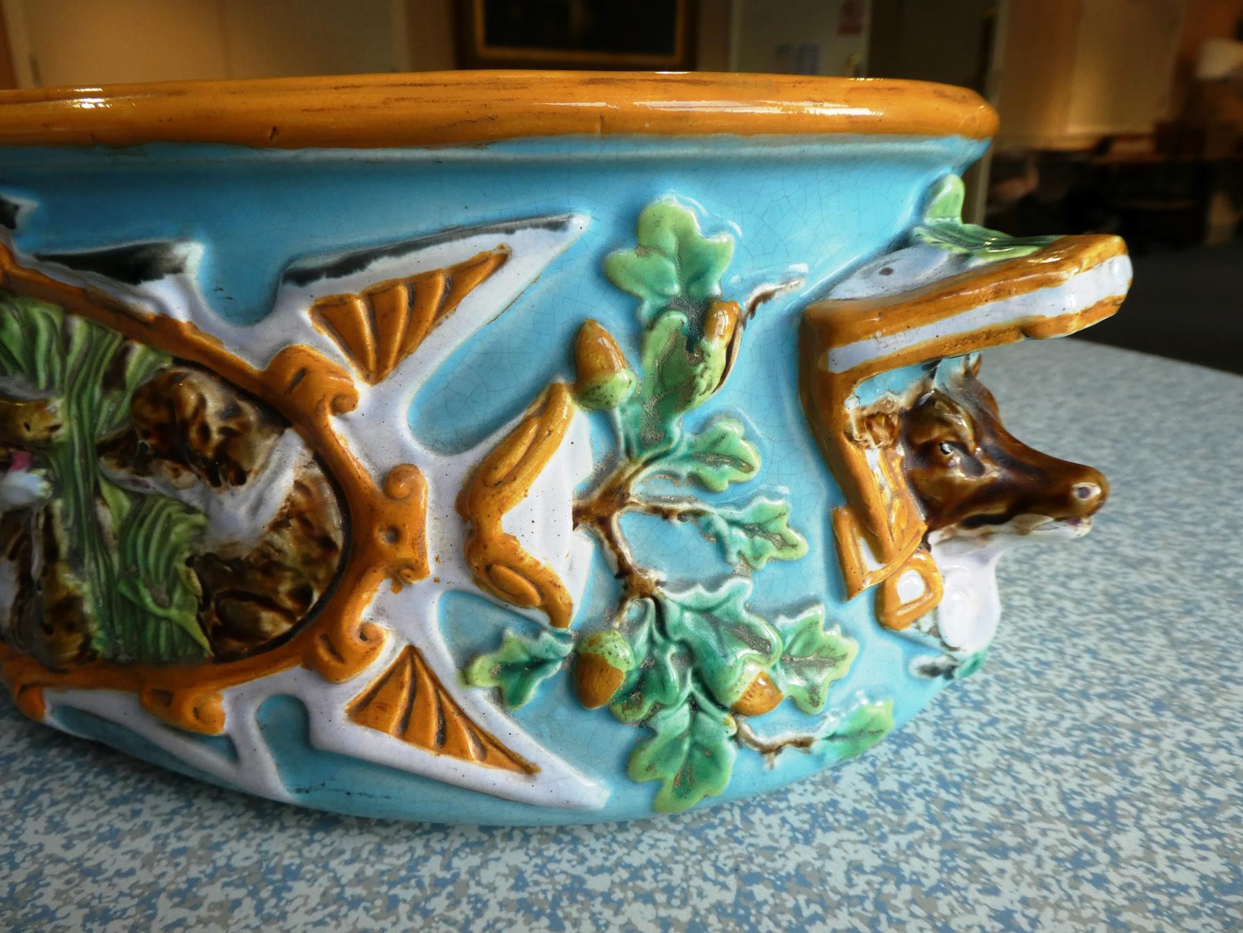 A George Jones Majolica Game Pie Tureen, Cover and Liner, circa 1875, of oval form with boar's - Image 24 of 28