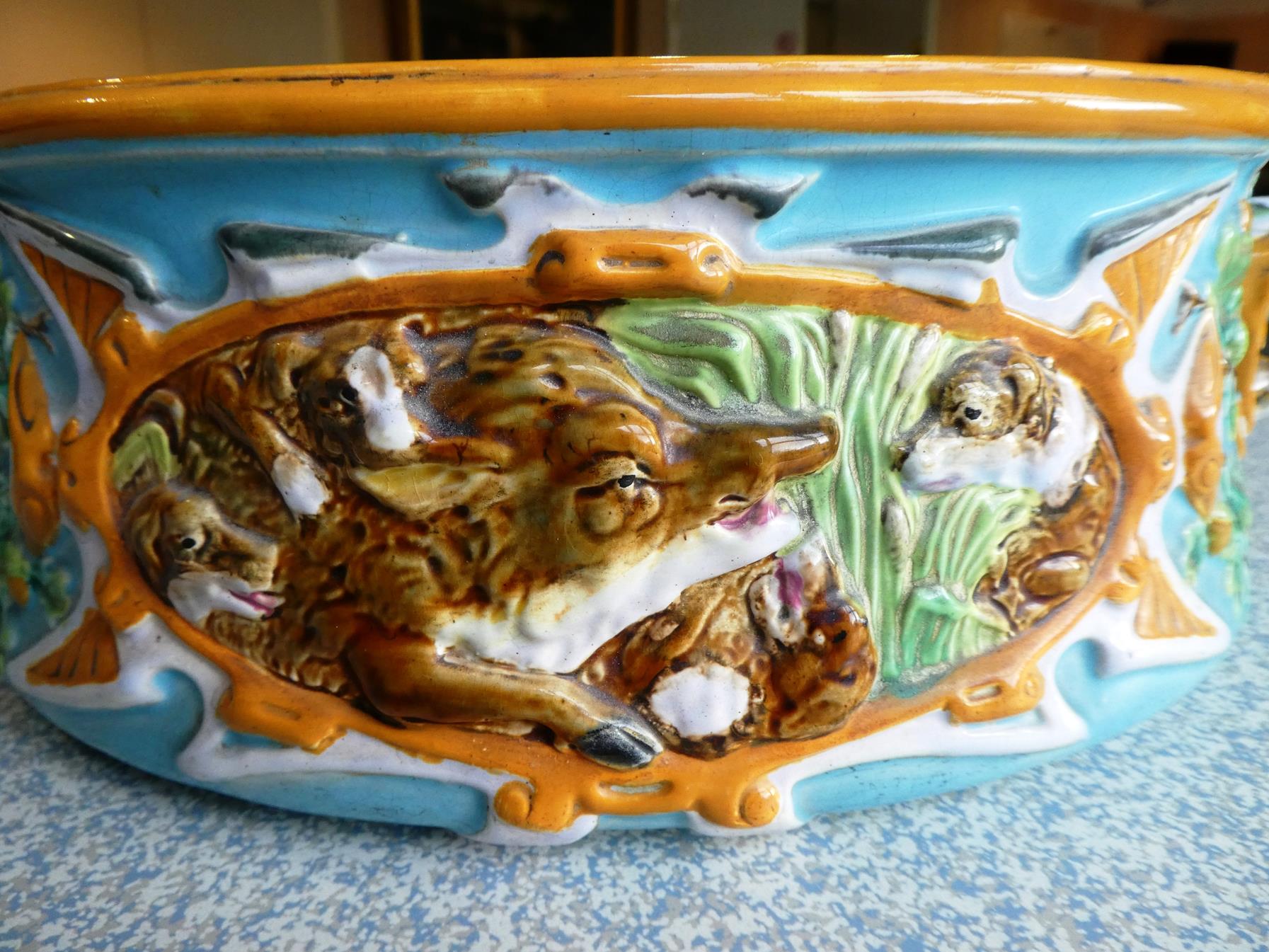 A George Jones Majolica Game Pie Tureen, Cover and Liner, circa 1875, of oval form with boar's - Image 13 of 28