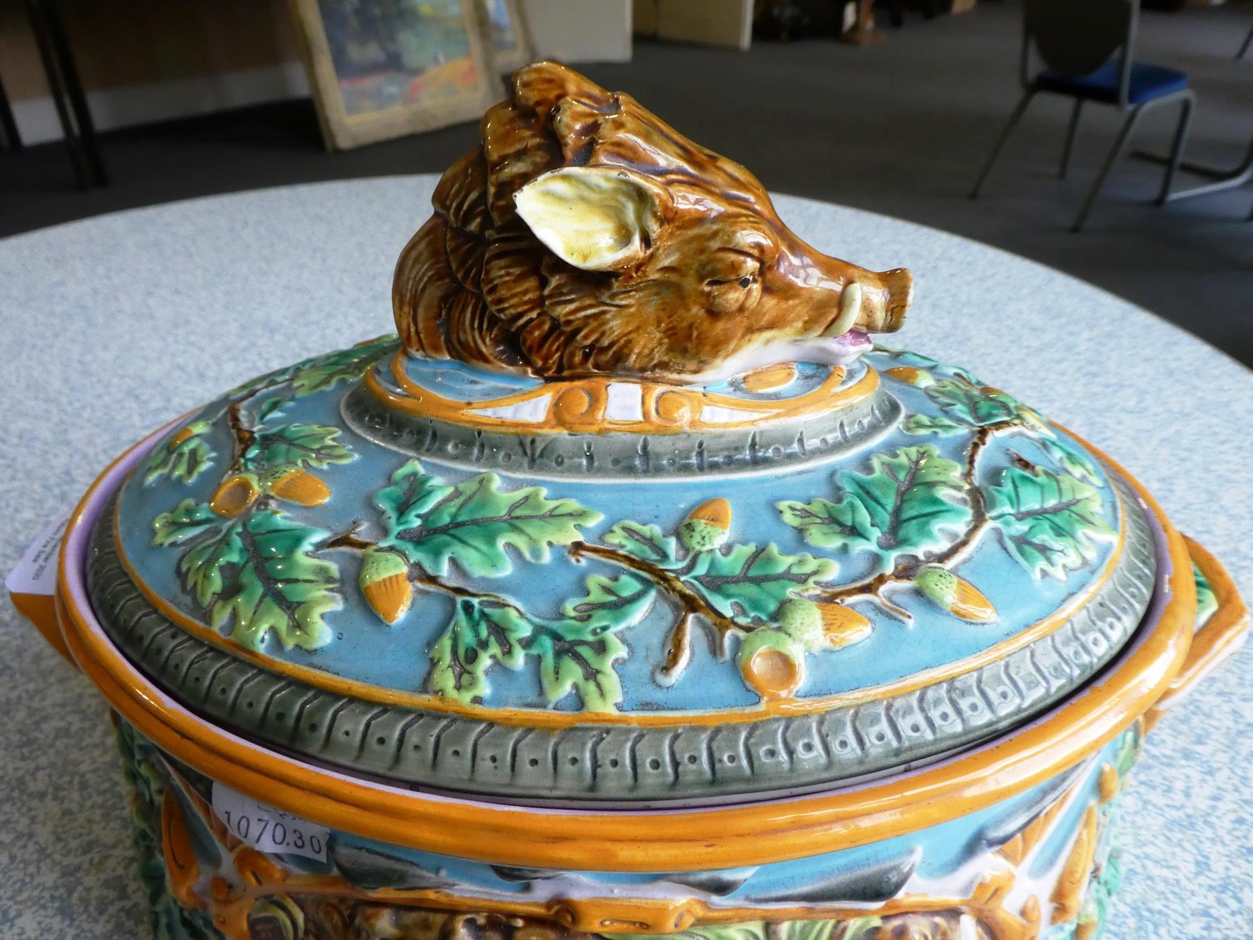 A George Jones Majolica Game Pie Tureen, Cover and Liner, circa 1875, of oval form with boar's - Image 5 of 28