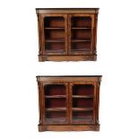 A Pair of Victorian Figured Walnut and Parquetry Decorated Pier Cabinets, circa 1870, the glazed