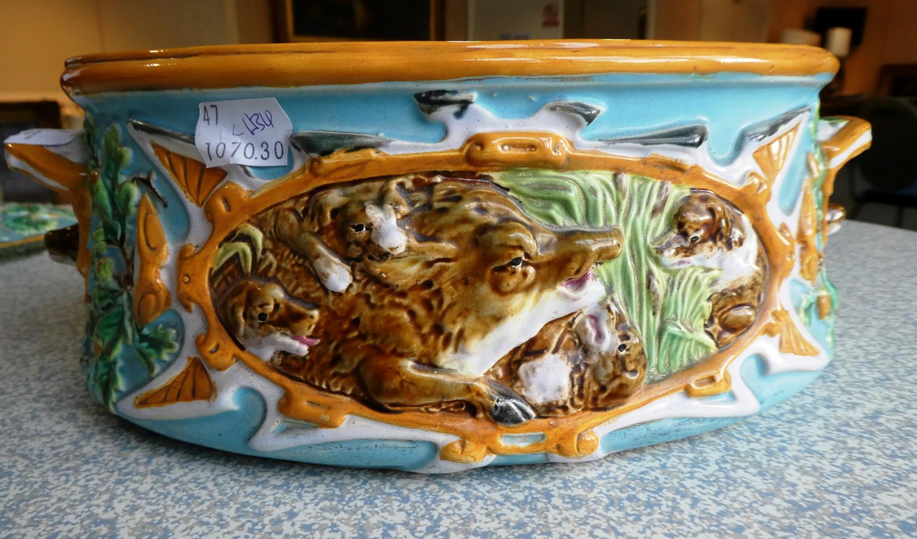 A George Jones Majolica Game Pie Tureen, Cover and Liner, circa 1875, of oval form with boar's - Image 22 of 28
