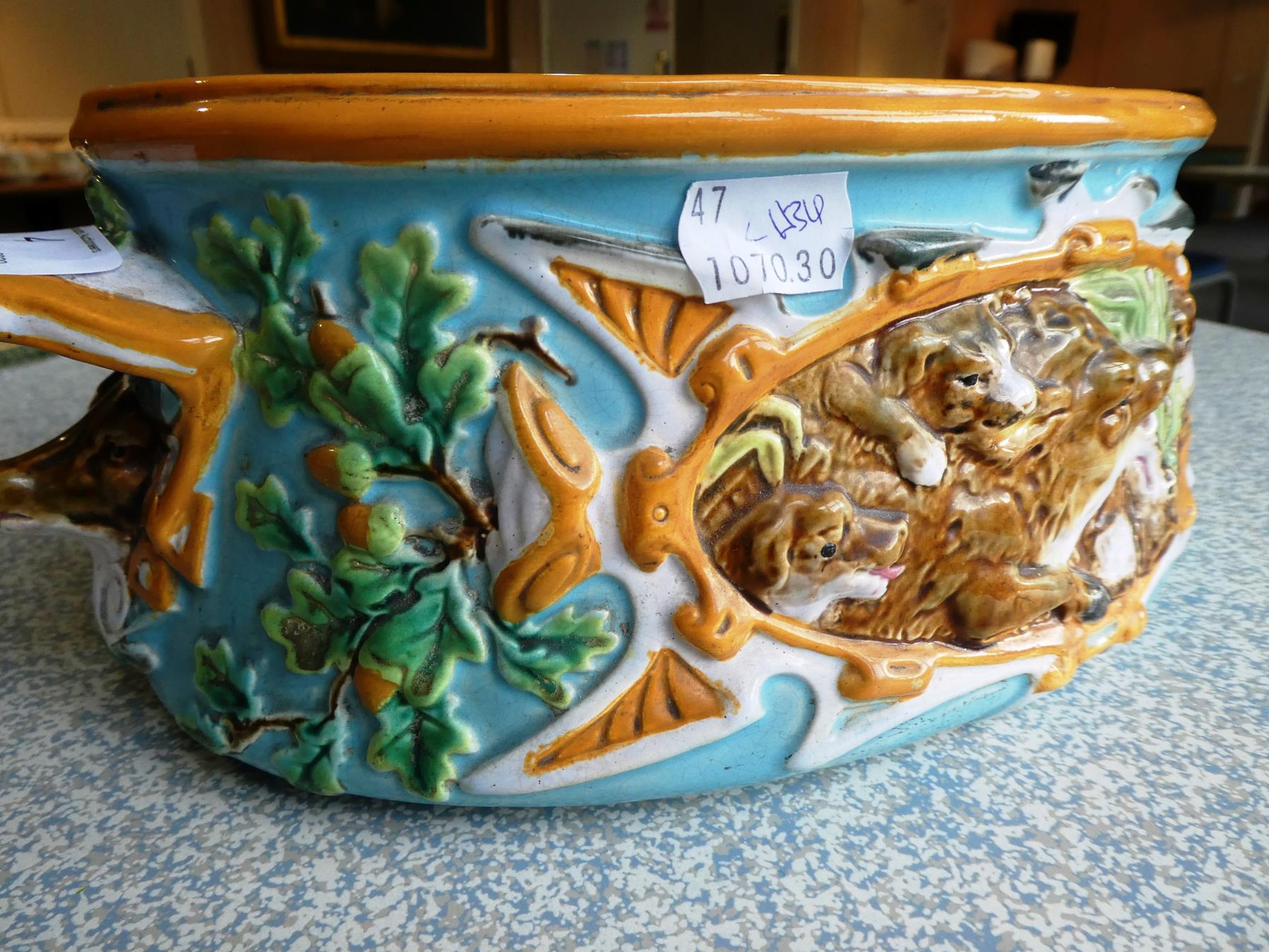 A George Jones Majolica Game Pie Tureen, Cover and Liner, circa 1875, of oval form with boar's - Image 19 of 28