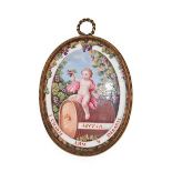 An Enamel Plaque, probably South Staffordshire, circa 1780, of oval form, painted with a cherub
