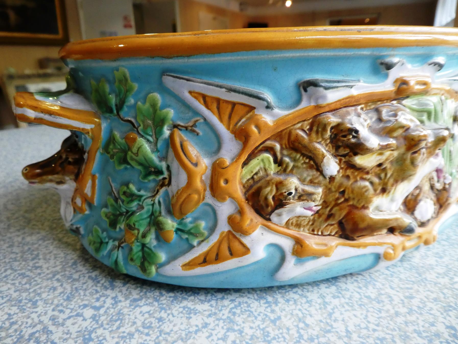 A George Jones Majolica Game Pie Tureen, Cover and Liner, circa 1875, of oval form with boar's - Image 14 of 28