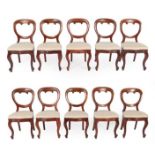 A Set of Ten Victorian Mahogany Balloon-Back Dining Chairs, late 19th century, recovered in cream