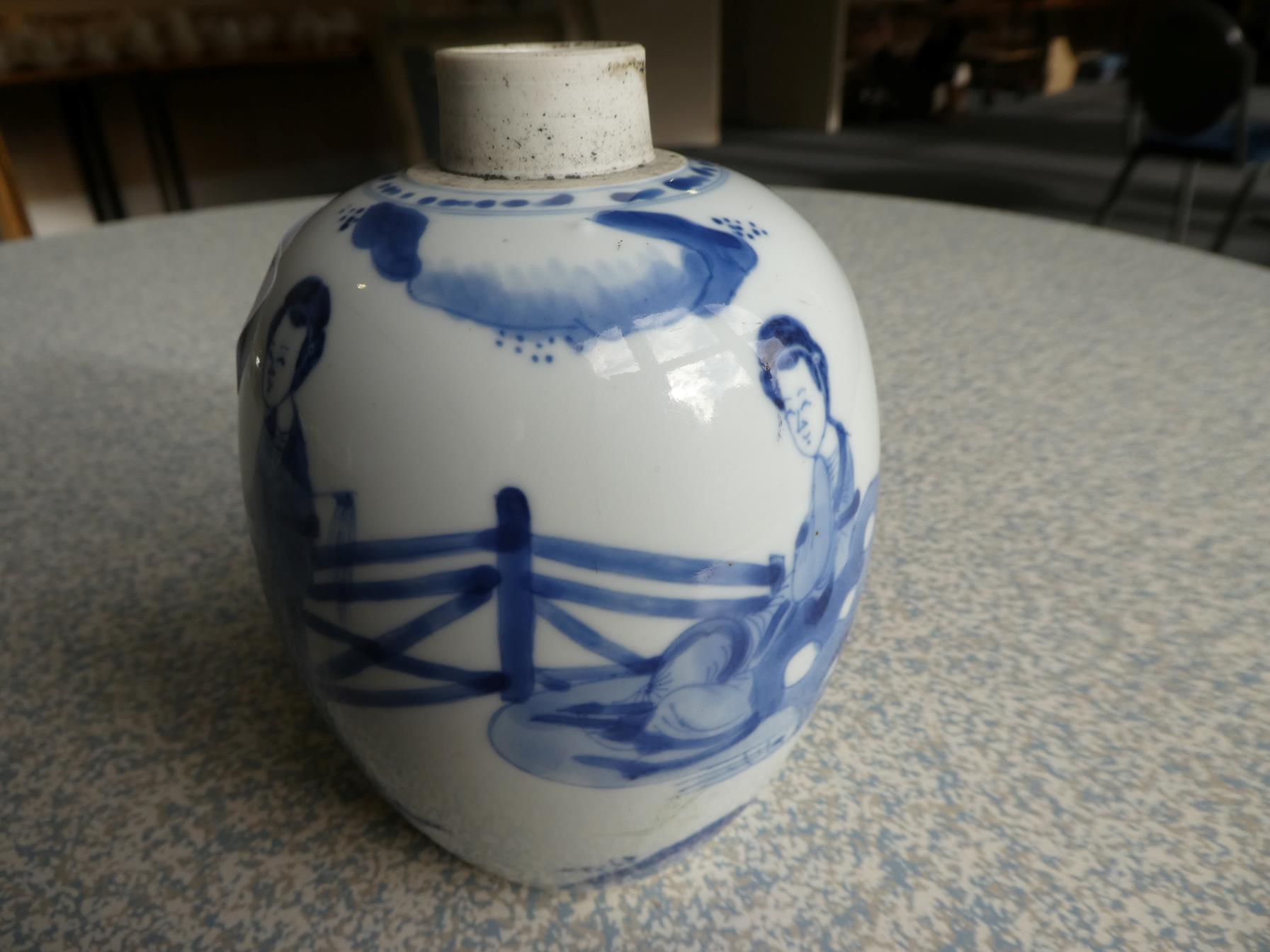 A Chinese Porcelain Jar, Kangxi, of ovoid form, painted in underglaze blue with maidens in a - Image 5 of 15