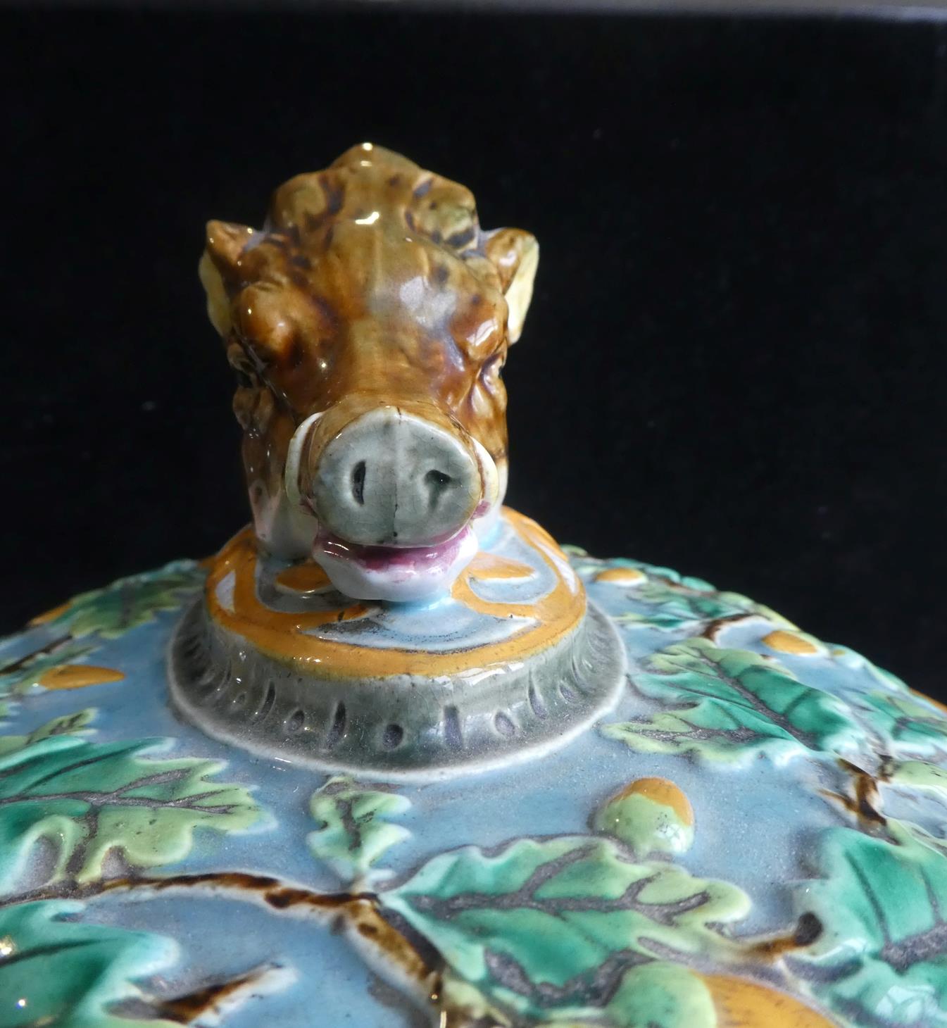 A George Jones Majolica Game Pie Tureen, Cover and Liner, circa 1875, of oval form with boar's - Image 4 of 28