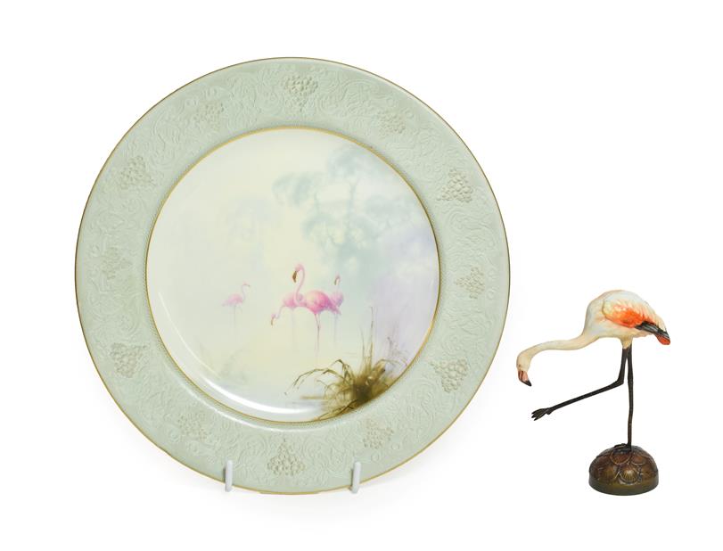 A Royal Worcester Porcelain Plate, by Walter Powell, 1912, painted with flamingos in a misty