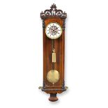 A Rosewood Vienna Wall Timepiece, circa 1850, scroll pierced pediment, glazed front and side panels,