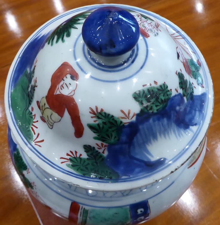 A Chinese Wucai Porcelain Jar and Cover, Transitional, mid 17th century, of baluster form, painted - Image 3 of 8