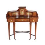A Late 19th Century Rosewood, Ivory and Penwork Inlaid Kidney Shape Writing Desk, labelled