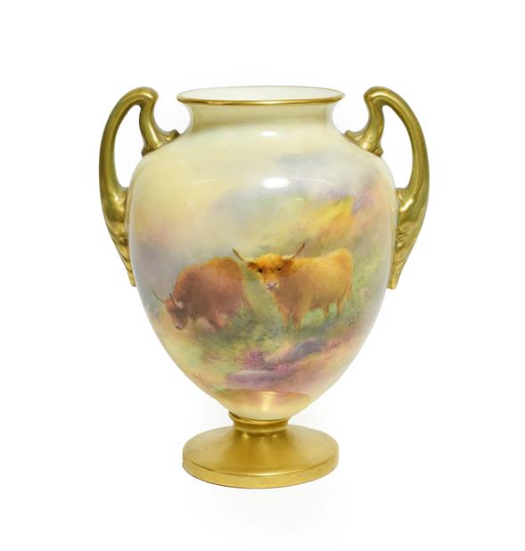 A Royal Worcester Porcelain Twin-Handled Vase, by Harry Stinton, 1934, of ovoid form, painted with