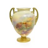 A Royal Worcester Porcelain Twin-Handled Vase, by Harry Stinton, 1934, of ovoid form, painted with
