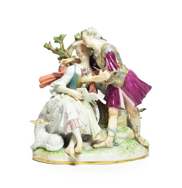 A Meissen Porcelain Figure Group, circa 1880, as lovers, he standing wearing Roman armour, she