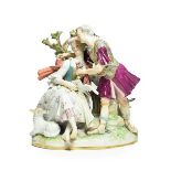 A Meissen Porcelain Figure Group, circa 1880, as lovers, he standing wearing Roman armour, she