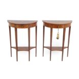 A Pair of Edwardian Mahogany, Crossbanded and Marquetry Decorated D Shape Hall Tables, each with