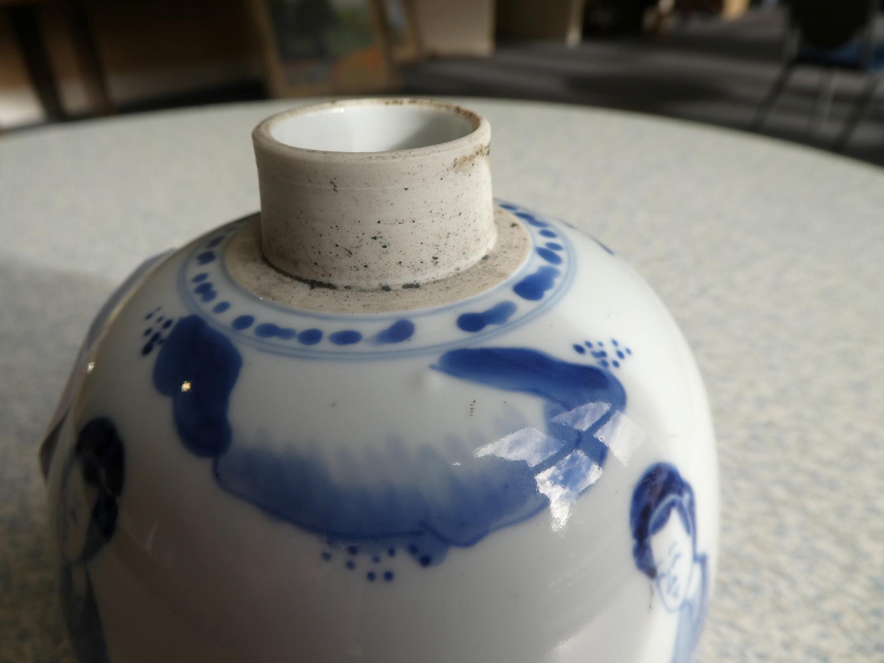 A Chinese Porcelain Jar, Kangxi, of ovoid form, painted in underglaze blue with maidens in a - Image 6 of 15