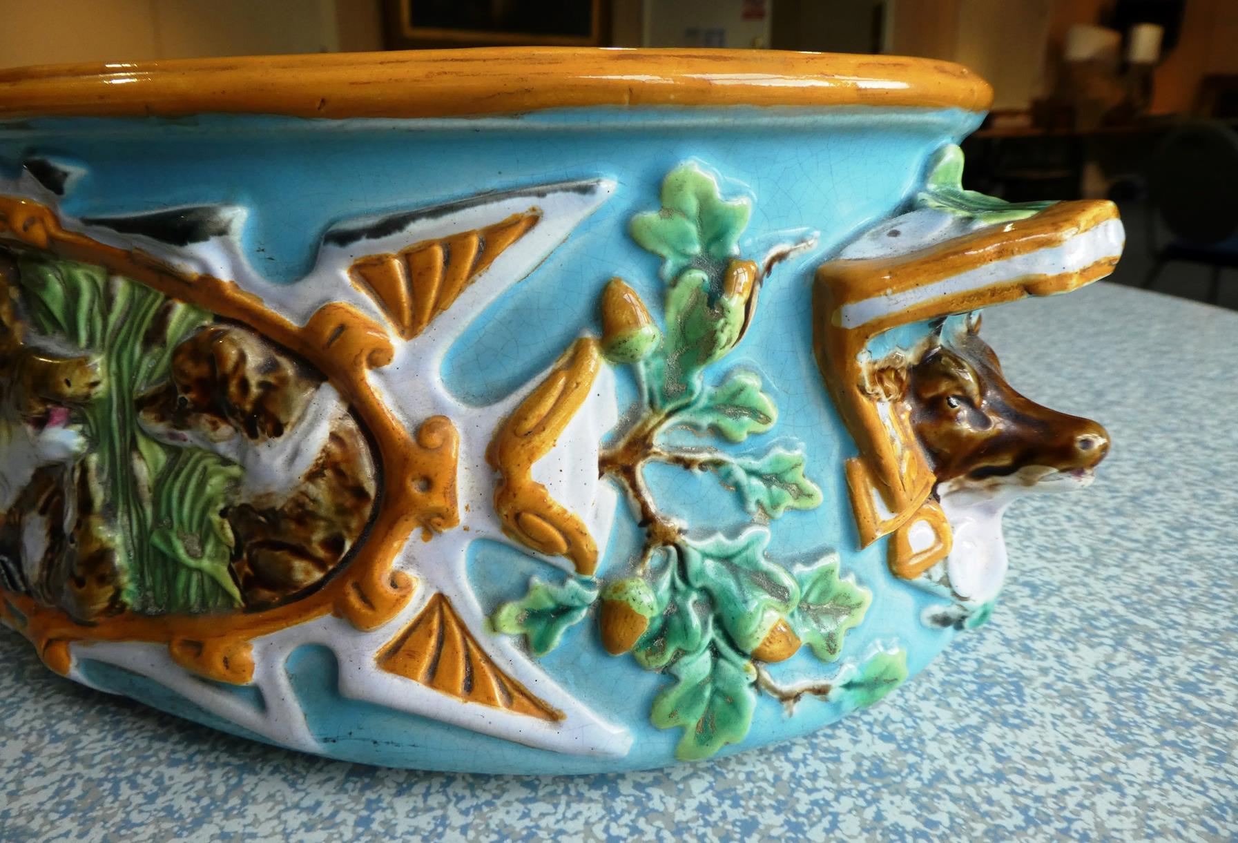 A George Jones Majolica Game Pie Tureen, Cover and Liner, circa 1875, of oval form with boar's - Image 17 of 28