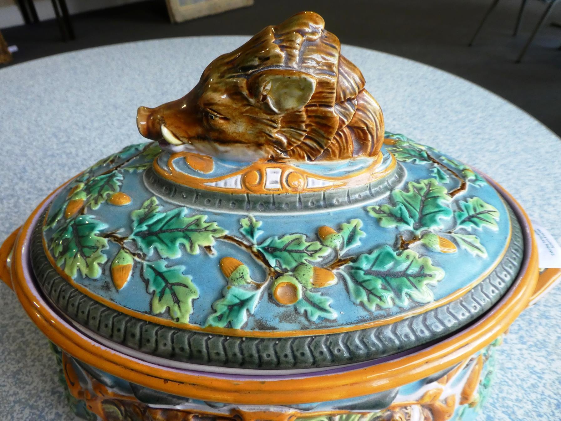 A George Jones Majolica Game Pie Tureen, Cover and Liner, circa 1875, of oval form with boar's - Image 3 of 28