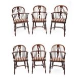 A Matched Set of Six 19th Century Yew Windsor Armchairs, with double pierced splats and moulded