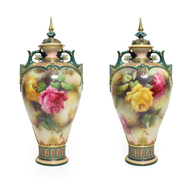 A Pair of Royal Worcester Hadleigh Ware Vases and Covers, by William Jarman, circa 1905, of baluster