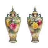 A Pair of Royal Worcester Hadleigh Ware Vases and Covers, by William Jarman, circa 1905, of baluster