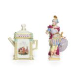 A Meissen Porcelain Miniature Coffee Pot and Cover, circa 1880, of square form with Janus head knop,