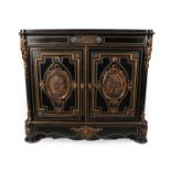 A French Ebonised and Gilt Metal Mounted Pietra Dura Cabinet, circa 1850, the frieze centred by