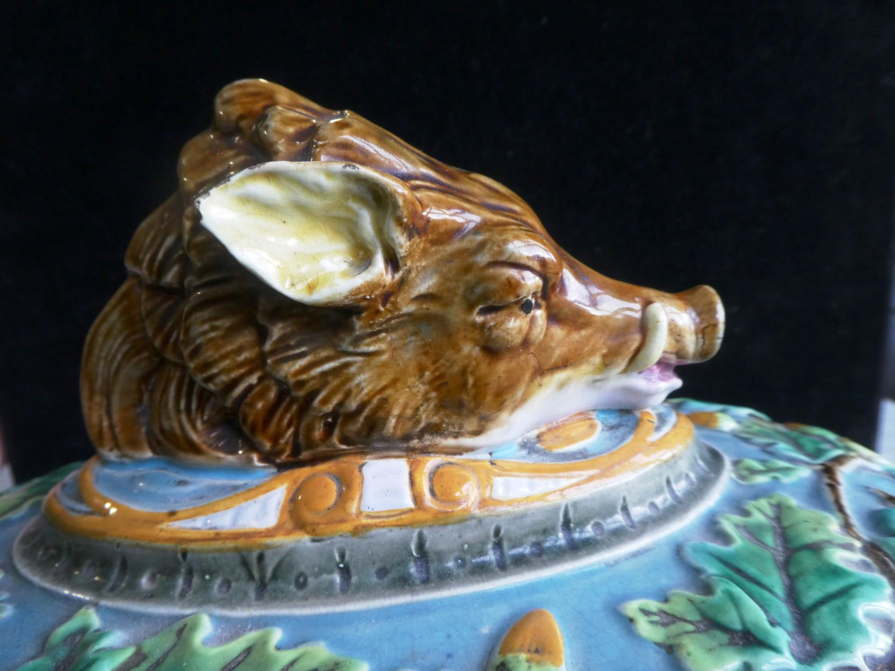 A George Jones Majolica Game Pie Tureen, Cover and Liner, circa 1875, of oval form with boar's - Image 6 of 28