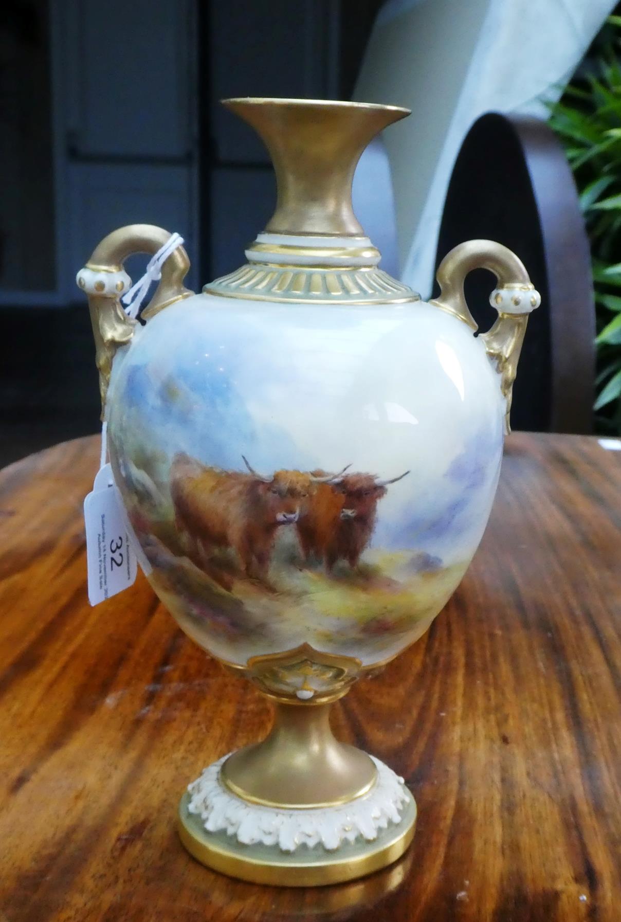 A Royal Worcester Porcelain Twin-Handled Vase, by HarryStinton, 1912, of ovoid form with trumpet - Image 3 of 14