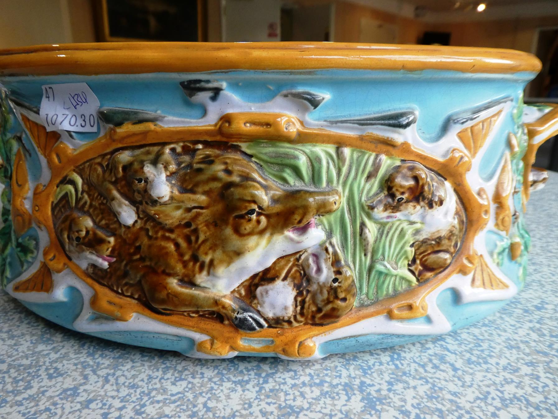 A George Jones Majolica Game Pie Tureen, Cover and Liner, circa 1875, of oval form with boar's - Image 18 of 28