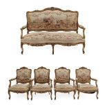 A Louis XV Style Giltwood and Aubusson Salon Suite, late 19th century, comprising a three-seater