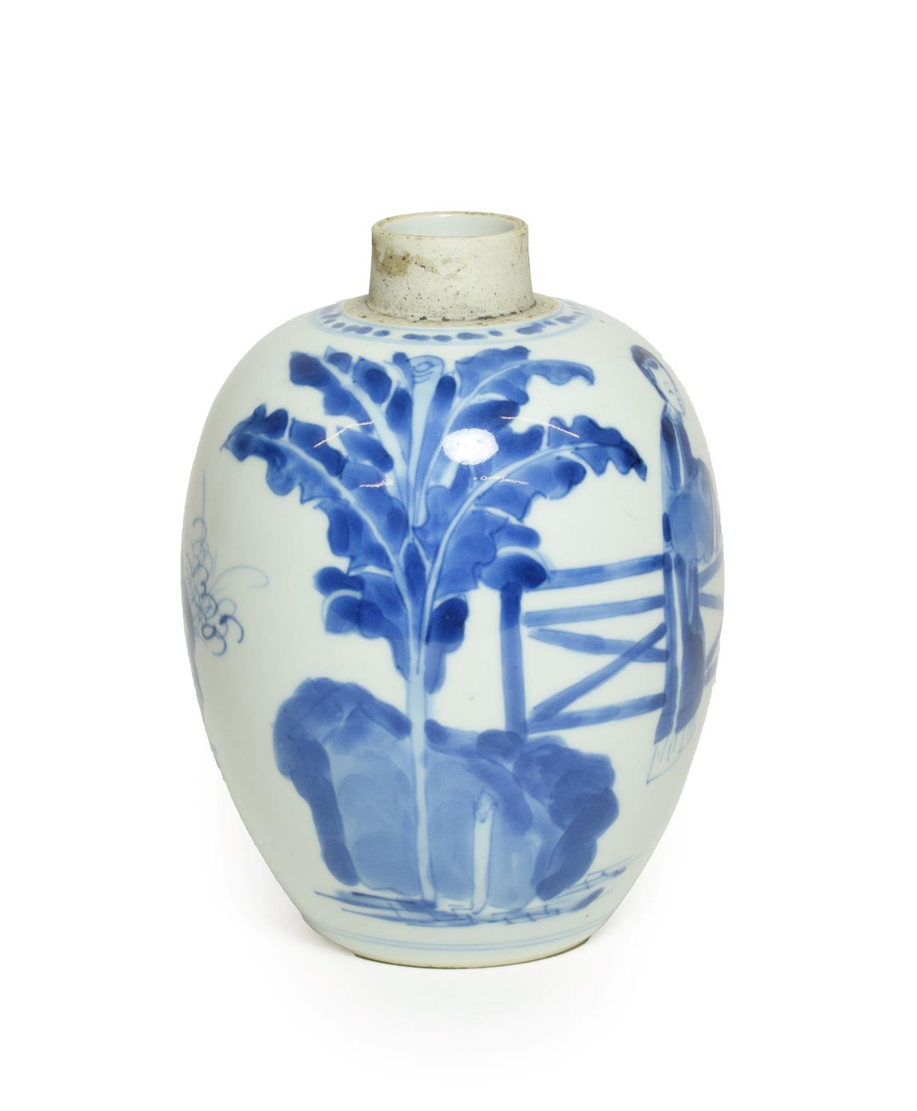 A Chinese Porcelain Jar, Kangxi, of ovoid form, painted in underglaze blue with maidens in a - Image 2 of 15