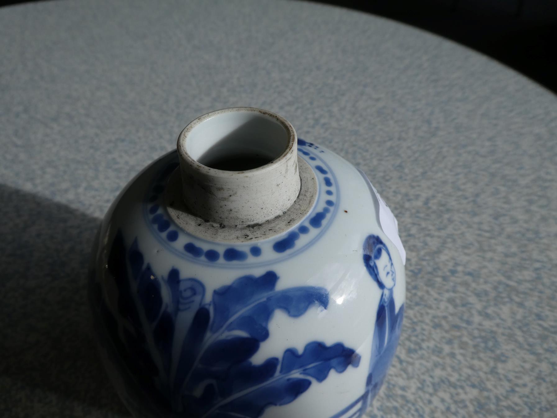 A Chinese Porcelain Jar, Kangxi, of ovoid form, painted in underglaze blue with maidens in a - Image 8 of 15